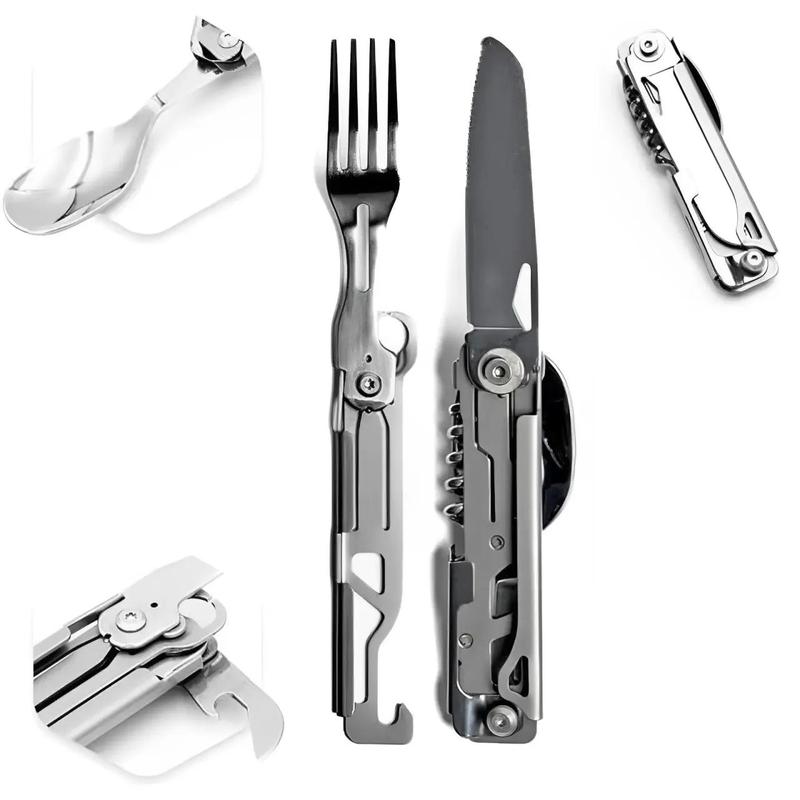 4 in 1 Stainless Steel Safety Locking Camping Accessory (2 Counts), Durable Knife with Sheath, Compact Multi-tool with Knife, Fork, Spoon, Opener, Outdoor Cooking Accessories