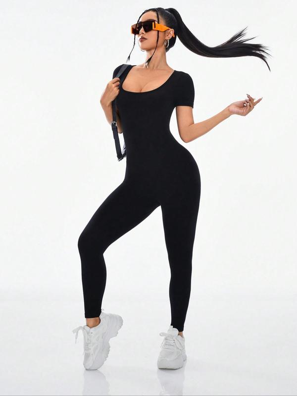 Solid Square Neck Sports Jumpsuits for Women, Casual Sporty Seamless Tummy Control Jumpsuit for Yoga Gym Workout Running, Overalls for Women, Ladies Sportswear for All Seasons