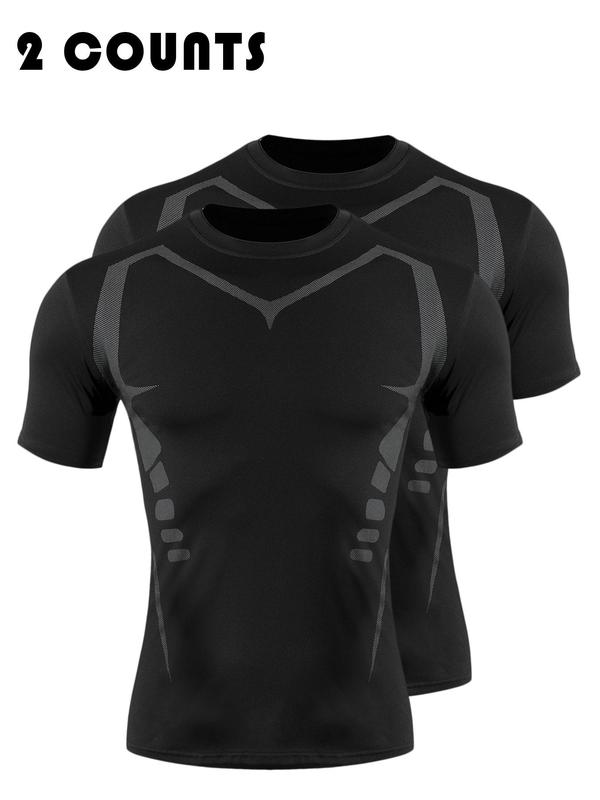 Sporty Men's Patchwork Print Round Neck Sports Tee, Sport Quick Drying Short Sleeve Compression T-Shirt for Summer, Sporty Top for Outdoor Sports