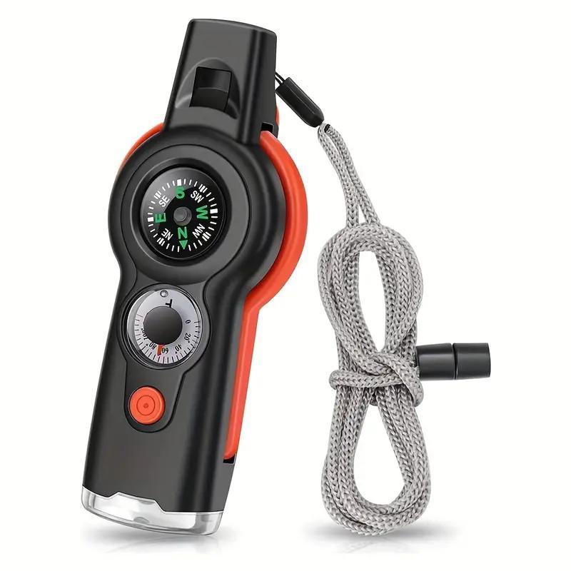 7 in 1 Outdoor Emergency Survival Whistle with LED Light & Compass & Thermometer, Multifunctional Whistle for Boating, Hiking, Camping, Climbing, Fishing, Christmas Gift