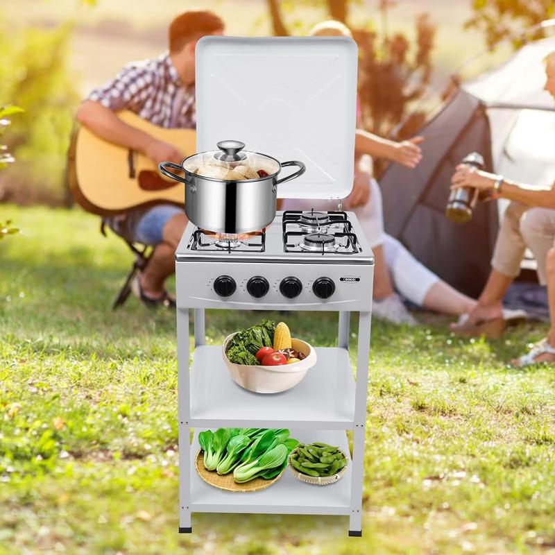 Propane Camping Stove, 4 Burners Portable Gas Grills for Outdoor Cooking RV with Storage Stand, Heavy Duty Stainless Steel Gas Stove with Wind Blocking Cover for Garden BBQ (White 4 Burners)