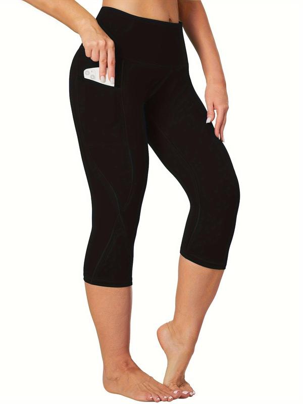 Plus Size Plain Pocket Sports Capri Leggings, Fall Outfits 2024, High Stretch Seamless Yoga Leggings, Ladies Sportswear for Indoor Outdoor Wear