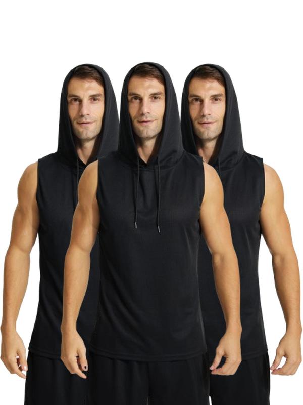 Men's 3pcs Solid Drawstring Hooded Sports Vest, Casual Sporty Sleeveless Hooded Tank Top for Gym Workout Running,  Running Vest, Athletic Vest for Men