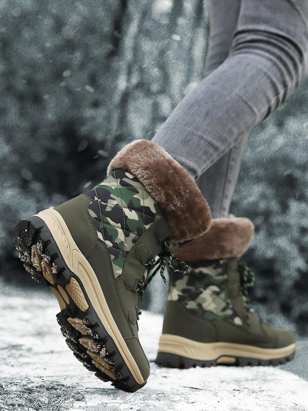 Women's Camo Print Lace Up High Top Hiking Shoes, Casual Comfortable Warm Non-slip Sole Snow Boots, Outdoor Sports Shoes for Fall & Winter