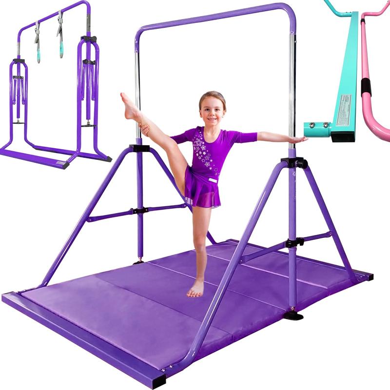 Updated Folding Gymnastics Bar with Rings, Foldable Kip Bar with Sturdier Base, Gymnasitc Training Bar for Kids Ages 3-10, Gymnastic Horizontal Bars, Home Gym Equipment for Boys Girls