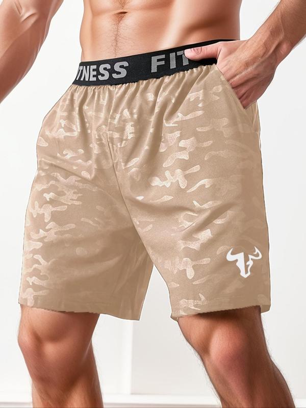 Men's Bull Head Print Letter Tape Athletic Sports Shorts, Casual Pocket Sports Shorts, Gym Shorts, Fall Clothes, Men Sport & Outdoor Clothing for Back To School Football Drip