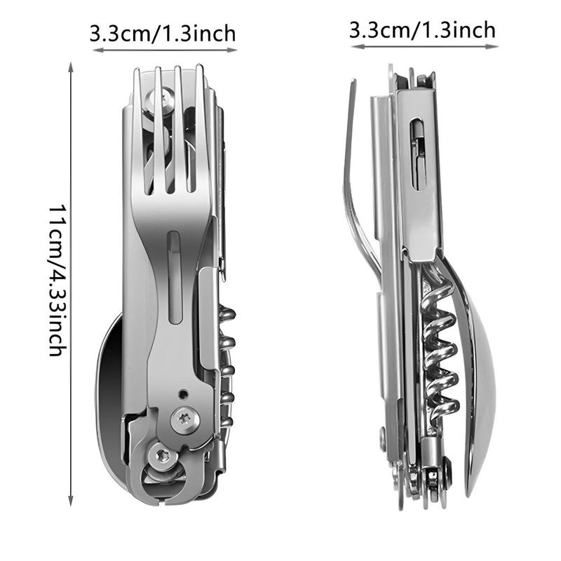 4 in 1 Stainless Steel Safety Locking Camping Accessory (2 Counts), Durable Knife with Sheath, Compact Multi-tool with Knife, Fork, Spoon, Opener, Outdoor Cooking Accessories