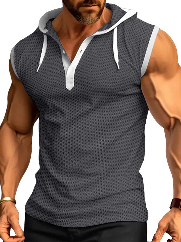 Men's Colorblock Drawstring Hooded Tank Top, Casual Sleeveless Button Front Top for Summer, Fashion Men's Loose Clothes for Gym Workout