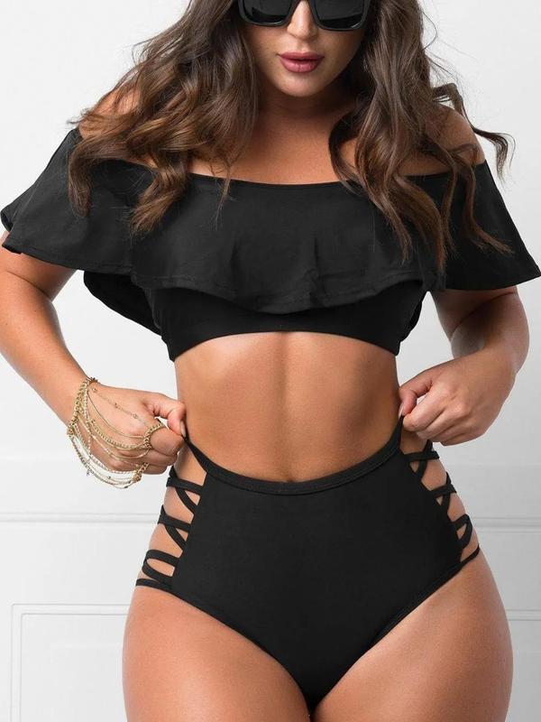 Two-Piece Set Women's Solid Off Shoulder Swimsuit Set, Sporty Ruffle Trim Swim Wireless Bra & Cut Out High Waist Swim Panty, Ladies Swimwear for Beach Holiday Vacation