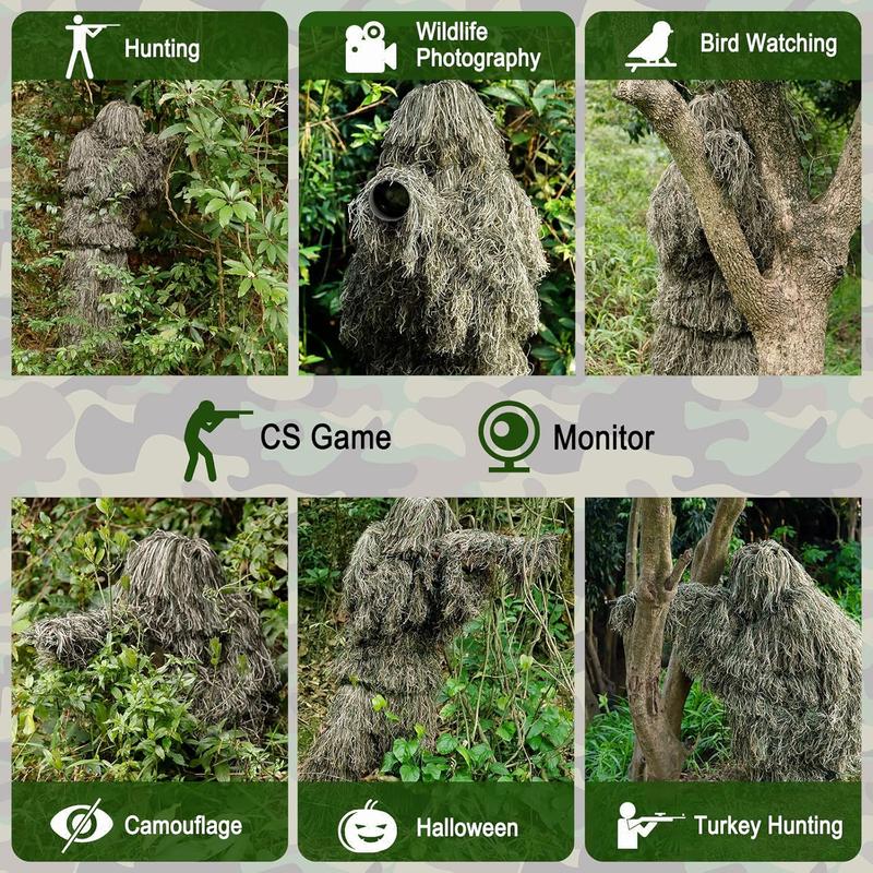 Ghillie Suit, 5 in 1 3D Camouflage Hunting Apparel for Men, Double-Stitched Design | Woodland Camo, Adults Youth Gilly Suit for Jungle Hunting Wildlife Photography Halloween