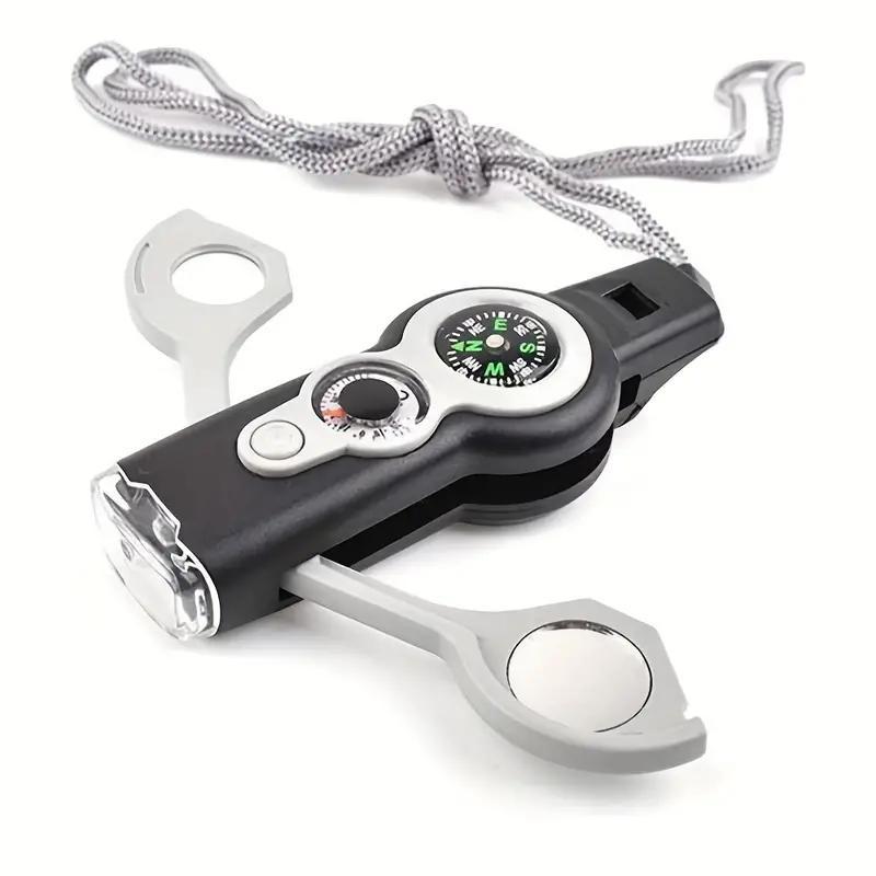 7 in 1 Outdoor Emergency Survival Whistle with LED Light & Compass & Thermometer, Multifunctional Whistle for Boating, Hiking, Camping, Climbing, Fishing, Christmas Gift