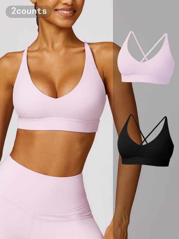 Women's Solid Criss Cross Cut Out Backless Sports Bra, High Stretch Seamless Quick Drying Athletic Bra for Yoga Gym Workout, Ladies Sportswear for All Seasons, Gym Clothes, Bras for Women