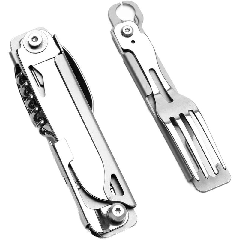 Camping Utensils - 4 In 1 Stainless Steel, Safety Locking Camping Accessories with Durable Sheath - Compact Multi Tool For Camping With Knive, Spoon, Fork, Bottle Opener by