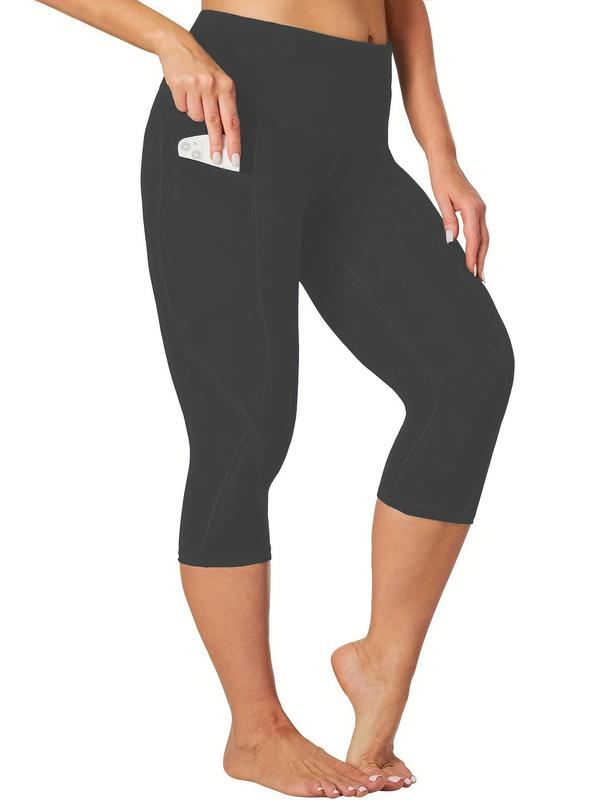 Plus Size Plain Pocket Sports Capri Leggings, Fall Outfits 2024, High Stretch Seamless Yoga Leggings, Ladies Sportswear for Indoor Outdoor Wear