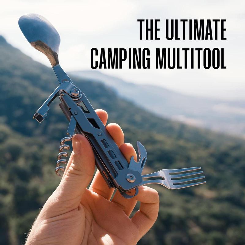 4 in 1 Stainless Steel Safety Locking Camping Accessory (2 Counts), Durable Knife with Sheath, Compact Multi-tool with Knife, Fork, Spoon, Opener, Outdoor Cooking Accessories