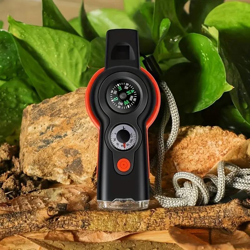 7 in 1 Outdoor Emergency Survival Whistle with LED Light & Compass & Thermometer, Multifunctional Whistle for Boating, Hiking, Camping, Climbing, Fishing, Christmas Gift