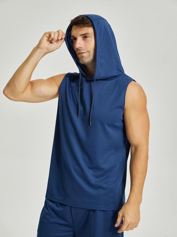 Men's 3pcs Solid Drawstring Hooded Sports Vest, Casual Sporty Sleeveless Hooded Tank Top for Gym Workout Running,  Running Vest, Athletic Vest for Men