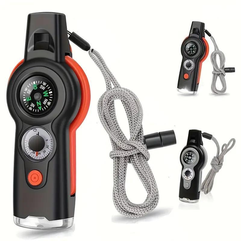 7 in 1 Outdoor Emergency Survival Whistle with LED Light & Compass & Thermometer, Multifunctional Whistle for Boating, Hiking, Camping, Climbing, Fishing, Christmas Gift