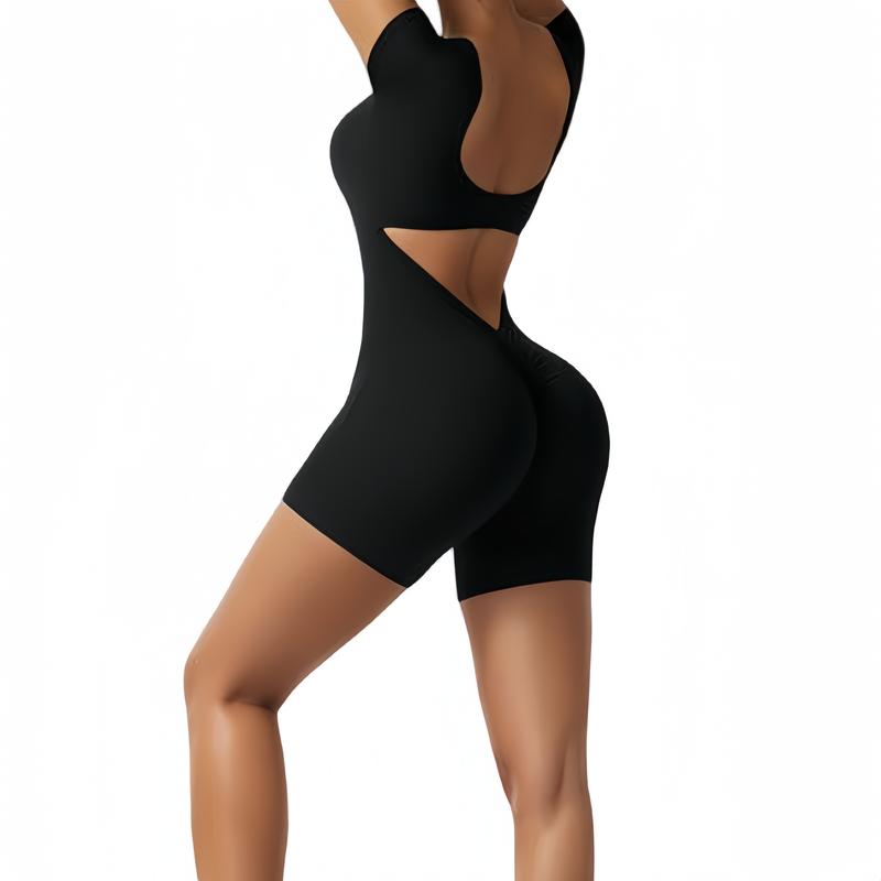 Women's Solid Cut Out Runched Sports Romper, Tummy Control Jumpsuit, Short Sleeve Square Neck Bodycon Romper For Yoga Gym Workout Ruched Backless