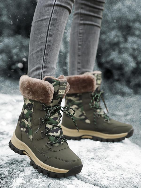 Women's Camo Print Lace Up High Top Hiking Shoes, Casual Comfortable Warm Non-slip Sole Snow Boots, Outdoor Sports Shoes for Fall & Winter