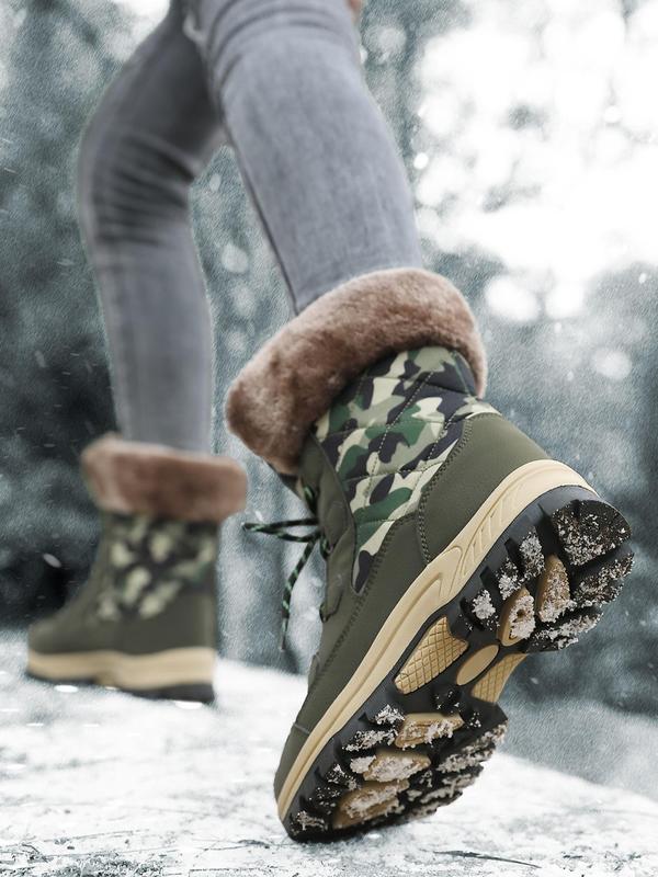 Women's Camo Print Lace Up High Top Hiking Shoes, Casual Comfortable Warm Non-slip Sole Snow Boots, Outdoor Sports Shoes for Fall & Winter