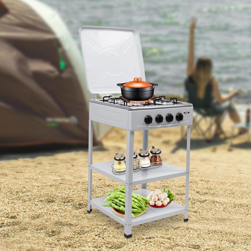 Propane Camping Stove, 4 Burners Portable Gas Grills for Outdoor Cooking RV with Storage Stand, Heavy Duty Stainless Steel Gas Stove with Wind Blocking Cover for Garden BBQ (White 4 Burners)