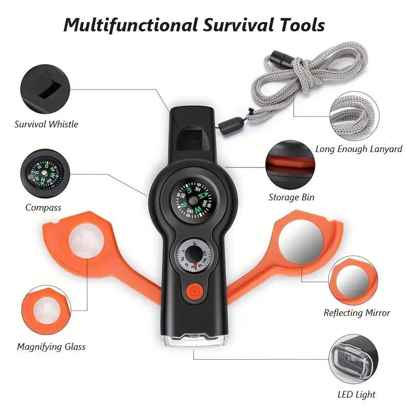 7 in 1 Outdoor Emergency Survival Whistle with LED Light & Compass & Thermometer, Multifunctional Whistle for Boating, Hiking, Camping, Climbing, Fishing, Christmas Gift