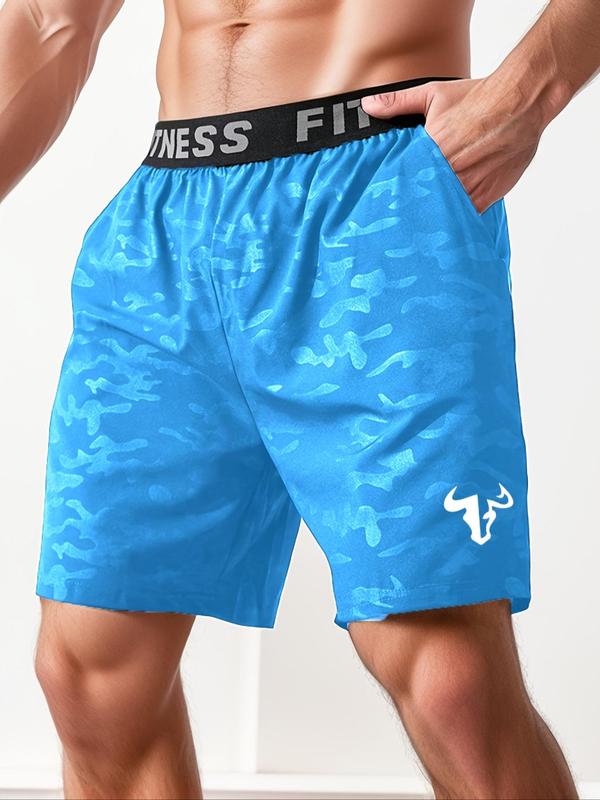 Men's Bull Head Print Letter Tape Athletic Sports Shorts, Casual Pocket Sports Shorts, Gym Shorts, Fall Clothes, Men Sport & Outdoor Clothing for Back To School Football Drip