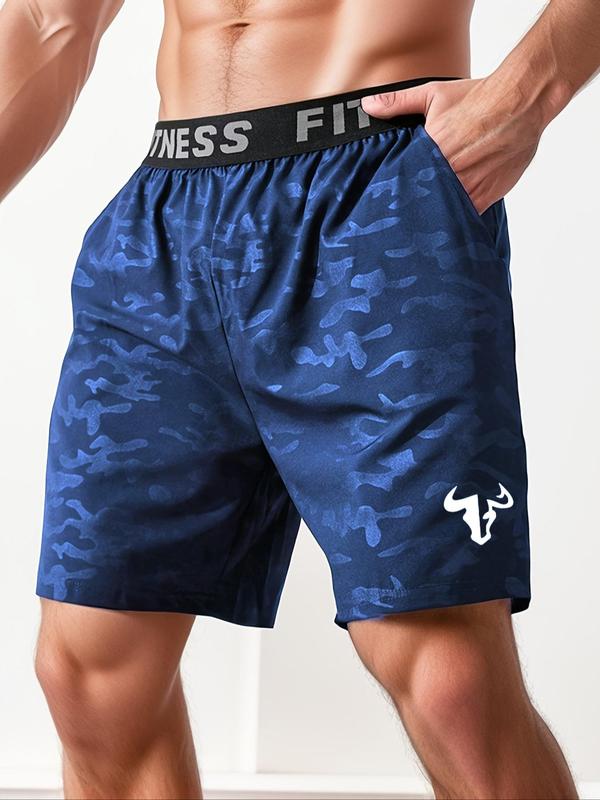 Men's Bull Head Print Letter Tape Athletic Sports Shorts, Casual Pocket Sports Shorts, Gym Shorts, Fall Clothes, Men Sport & Outdoor Clothing for Back To School Football Drip