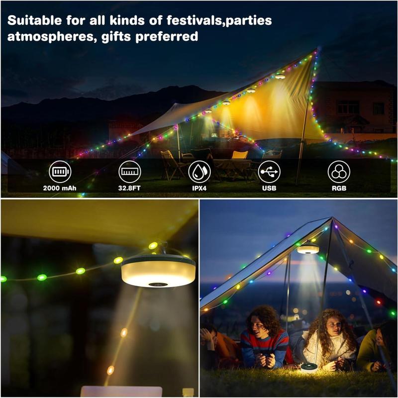 Solar Powered Camping Light String, 2 Counts Rechargeable Outdoor Waterproof Light String with 8 Modes, Portable Light String for Camping & Hiking