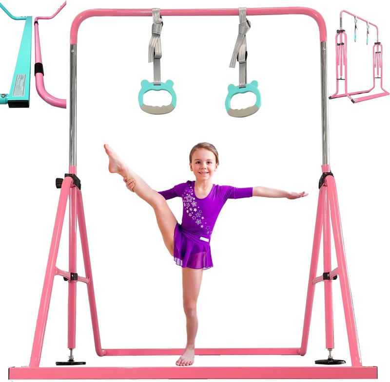 Updated Folding Gymnastics Bar with Rings, Foldable Kip Bar with Sturdier Base, Gymnasitc Training Bar for Kids Ages 3-10, Gymnastic Horizontal Bars, Home Gym Equipment for Boys Girls