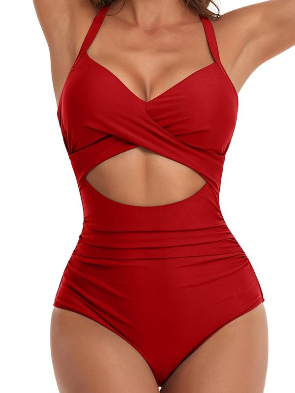 Women's Colorblock Striped Print Criss Cross Cut Out Ruched One-piece Swimsuit, Summer Tummy Control Swimwear, Tie Back Sleeveless Swimwear for Summer, Women's Back To School Bathing Suits for Beach Holiday, Summer Outfits 2024