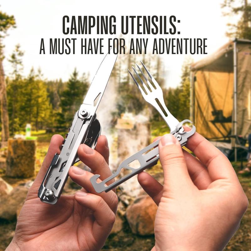 Camping Utensils - 4 In 1 Stainless Steel, Safety Locking Camping Accessories with Durable Sheath - Compact Multi Tool For Camping With Knive, Spoon, Fork, Bottle Opener by