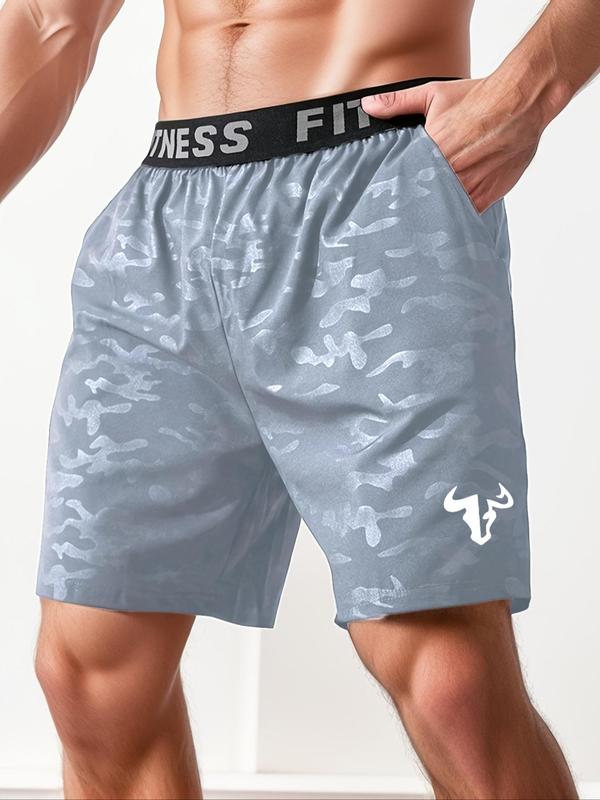 Men's Bull Head Print Letter Tape Athletic Sports Shorts, Casual Pocket Sports Shorts, Gym Shorts, Fall Clothes, Men Sport & Outdoor Clothing for Back To School Football Drip