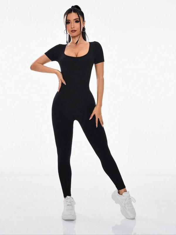 Solid Square Neck Sports Jumpsuits for Women, Casual Sporty Seamless Tummy Control Jumpsuit for Yoga Gym Workout Running, Overalls for Women, Ladies Sportswear for All Seasons