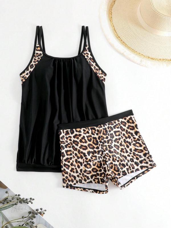 Two-piece Set Women's Leopard Patchwork Print Tankini Set, Adjustable Double Strap Backless Top & Shorts, Ladies Summer Swimwear