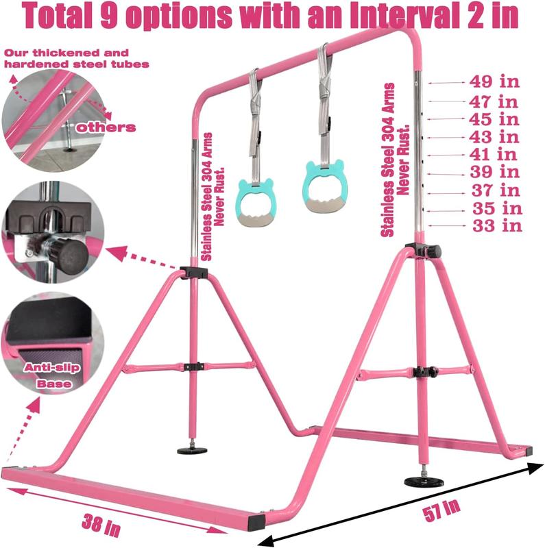 Updated Folding Gymnastics Bar with Rings, Foldable Kip Bar with Sturdier Base, Gymnasitc Training Bar for Kids Ages 3-10, Gymnastic Horizontal Bars, Home Gym Equipment for Boys Girls