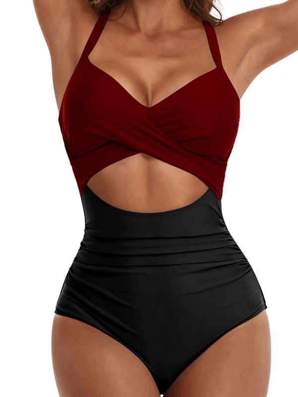 Women's Colorblock Striped Print Criss Cross Cut Out Ruched One-piece Swimsuit, Summer Tummy Control Swimwear, Tie Back Sleeveless Swimwear for Summer, Women's Back To School Bathing Suits for Beach Holiday, Summer Outfits 2024