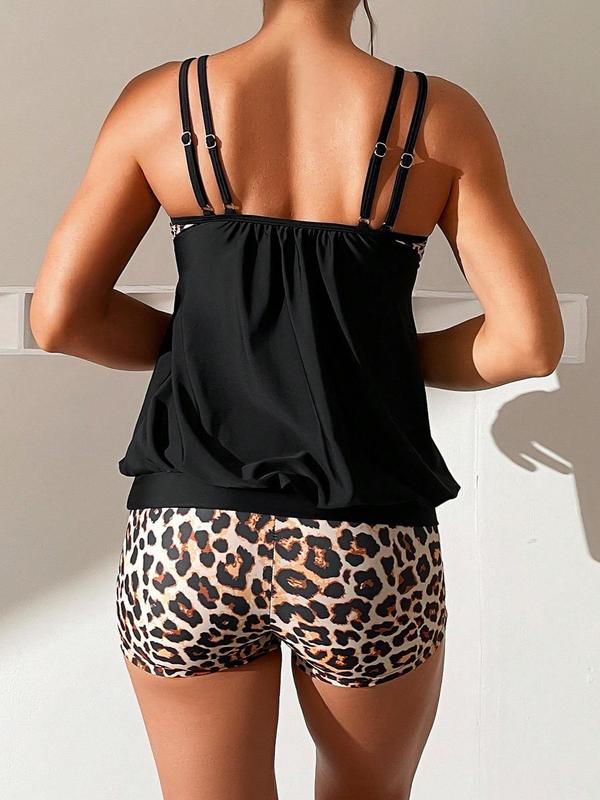 Two-piece Set Women's Leopard Patchwork Print Tankini Set, Adjustable Double Strap Backless Top & Shorts, Ladies Summer Swimwear