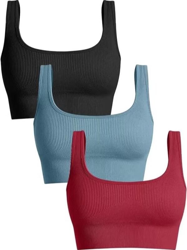 Women's Solid Ribbed Removable Pads Sports Bra, Fall Outfits, Fallfreshness Breathable Comfortable Square Neck Sports Vest, Ladies Sportswear for Indoor Outdoor Wear, Gym Top for Women, Bras for Women