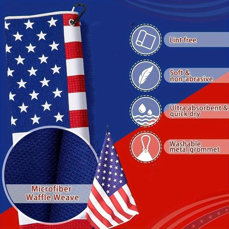 Flag Pattern Golf Towel, Microfiber Golf Towel with Carabiner Clip, Golf Accessories for Men & Women, Golf Gift for Husband, Father and Veterans