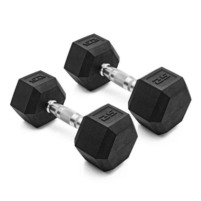 Barbell, 25lb Coated Rubber Hex Dumbbell, Pair