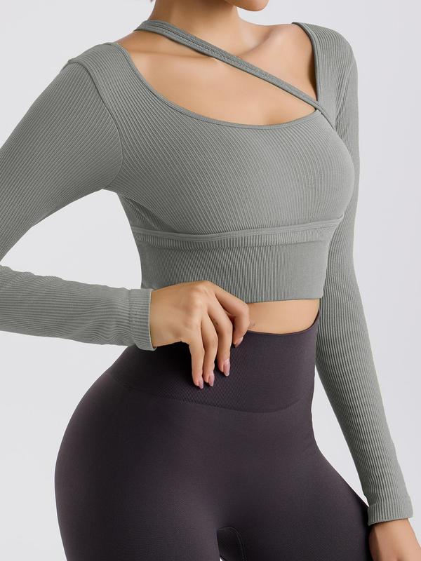 Women's Solid Asymmetrical Design Cycling Top, Sporty High Stretch Quick Drying Long Sleeve Crop Top, Ladies Sportswear for Cycling Running Gym, Fall Outfits, Fallfreshness