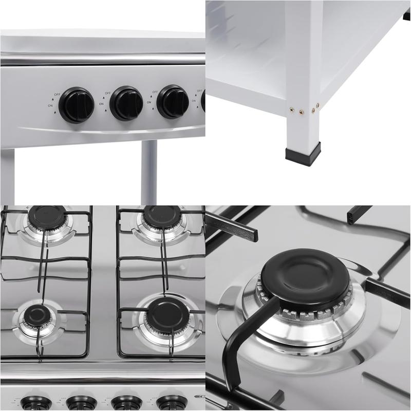 Propane Camping Stove, 4 Burners Portable Gas Grills for Outdoor Cooking RV with Storage Stand, Heavy Duty Stainless Steel Gas Stove with Wind Blocking Cover for Garden BBQ (White 4 Burners)