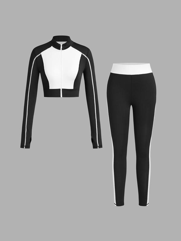 YOZY Women's Colorblock Zip Up Crop Jacket & High Waist Leggings Set, Breathable Comfy Outfits for Yoga Gym Workout Running, Ladies Clothes for All Seasons