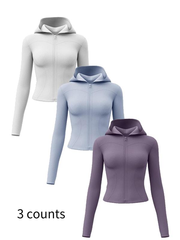 Women's Solid Zip Up Hooded Sports Coat, Long Sleeve Thumb Hole Sports Outerwear for Yoga Gym Workout, Ladies Sportswear for All Seasons