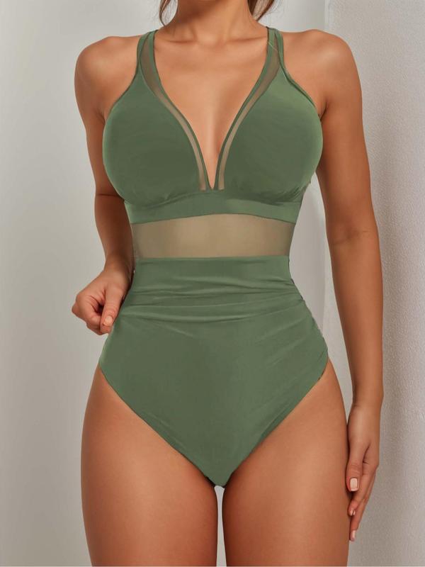 Sam Louise Exclusive Women's Solid Contrast Mesh Ruched One-piece Swimsuit, Bathing Suits Women, One Piece Swimsuits 2024, Summer Tummy Control Swimwear, Back To School High Waist Swimwear for Summer, Women's Swimsuit for Beach Holiday, Women's Clothing