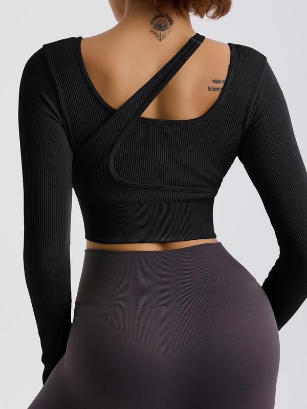 Women's Solid Asymmetrical Design Cycling Top, Sporty High Stretch Quick Drying Long Sleeve Crop Top, Ladies Sportswear for Cycling Running Gym, Fall Outfits, Fallfreshness