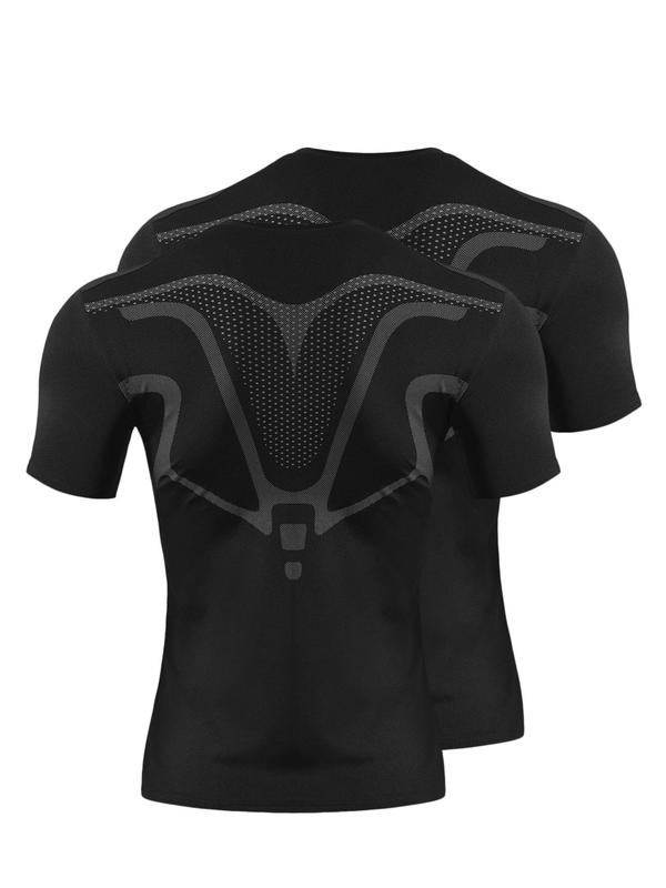 Sporty Men's Patchwork Print Round Neck Sports Tee, Sport Quick Drying Short Sleeve Compression T-Shirt for Summer, Sporty Top for Outdoor Sports