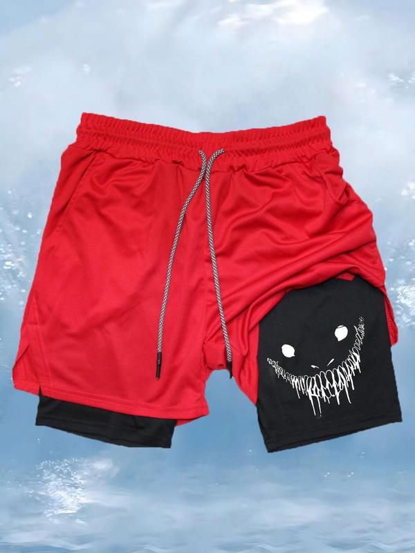 Men's 2 In 1 Cartoon Print Drawstring Waist Sports Shorts, Breathable Comfortable Shorts For Gym Workout Running, Gym Shorts, Casual Men's Sportswear Shorts for Men, Gym Clothing, Gym Clothes